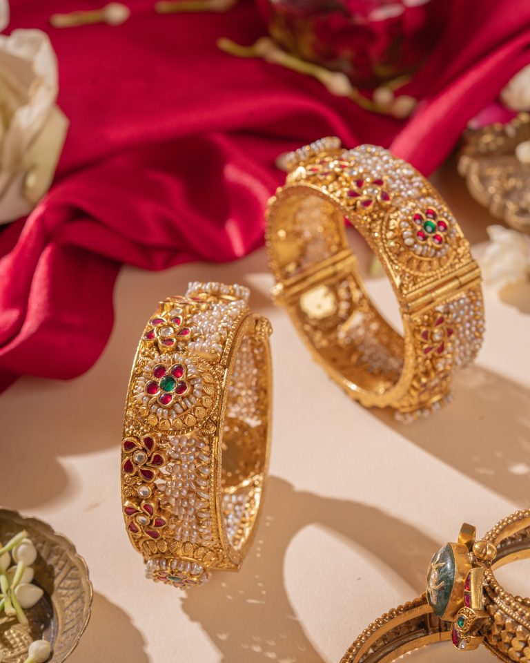 Gold Plated Pearl& Green Stones Kada Bangles From 'Raj Jewellery'