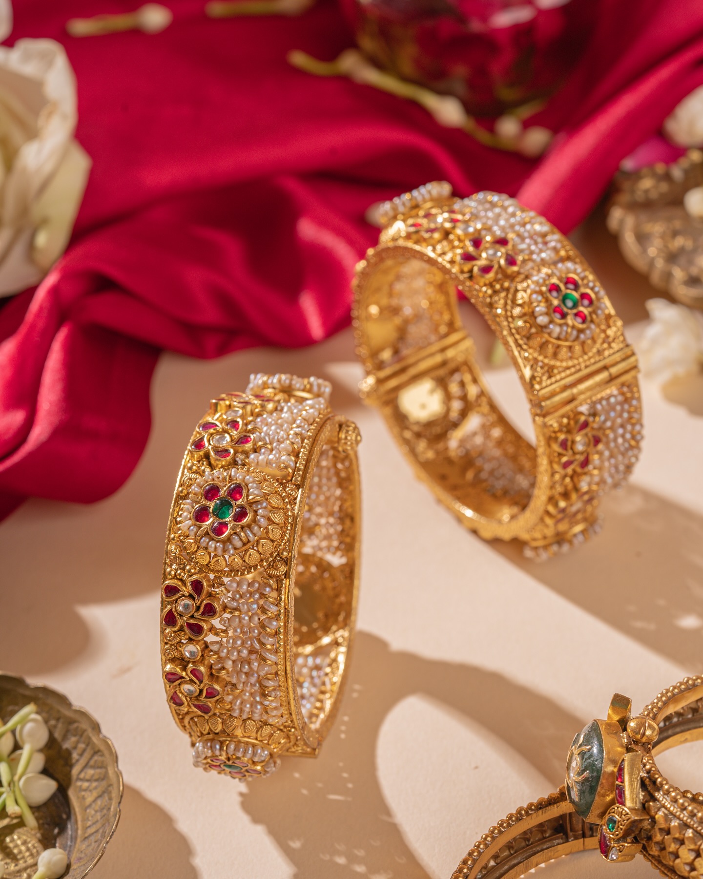  Gold Plated Pearl& Green Stones Kada Bangles From 'Raj Jewellery'