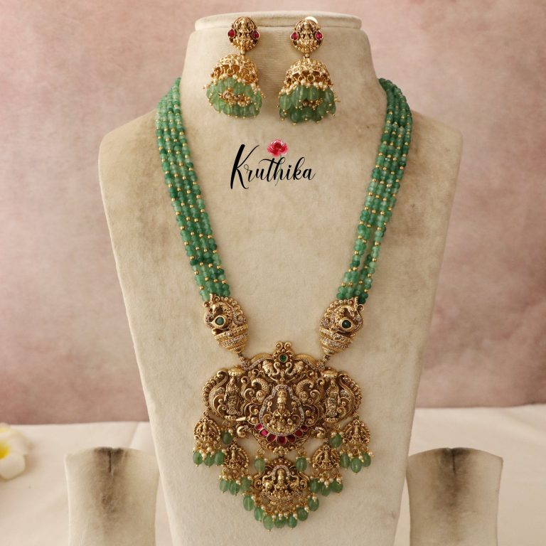 Green Beads Lakshmi Peacock Pendant Haram From 'Kruthika Jewellery'