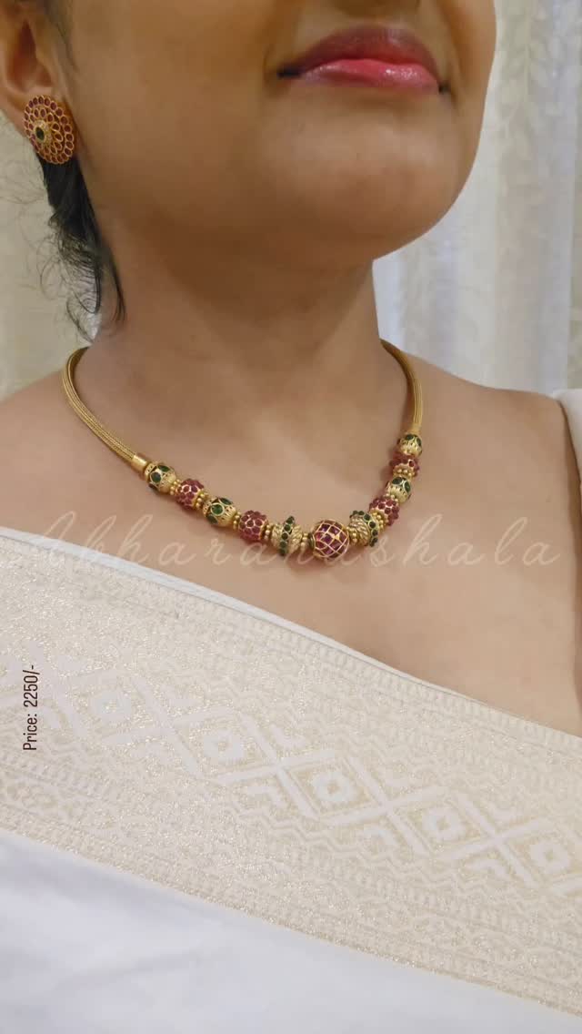 Antique Finish Kemp Stones Necklace With Ear Studs From 'Abharanashaala'