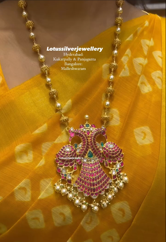 Gold Plated Dual Peacock Design Pendant Haram From 'Antique Lotus'