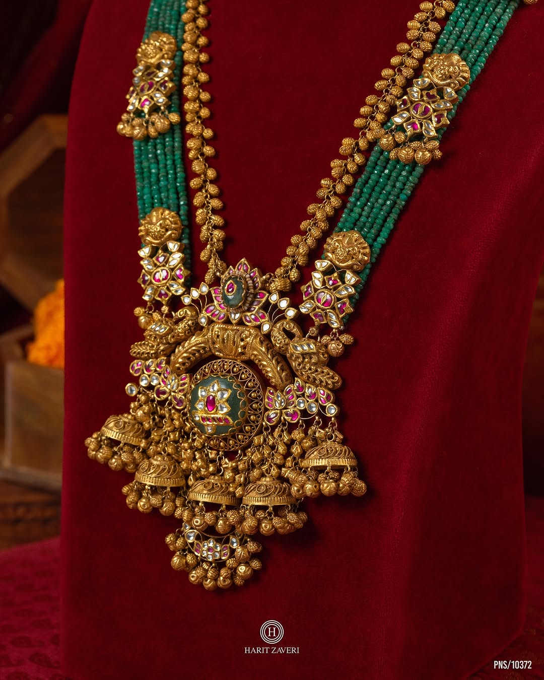 Traditional Jhumkas Drop Pendant Beaded Gold Haram From 'Haritzaveri Jewellers'