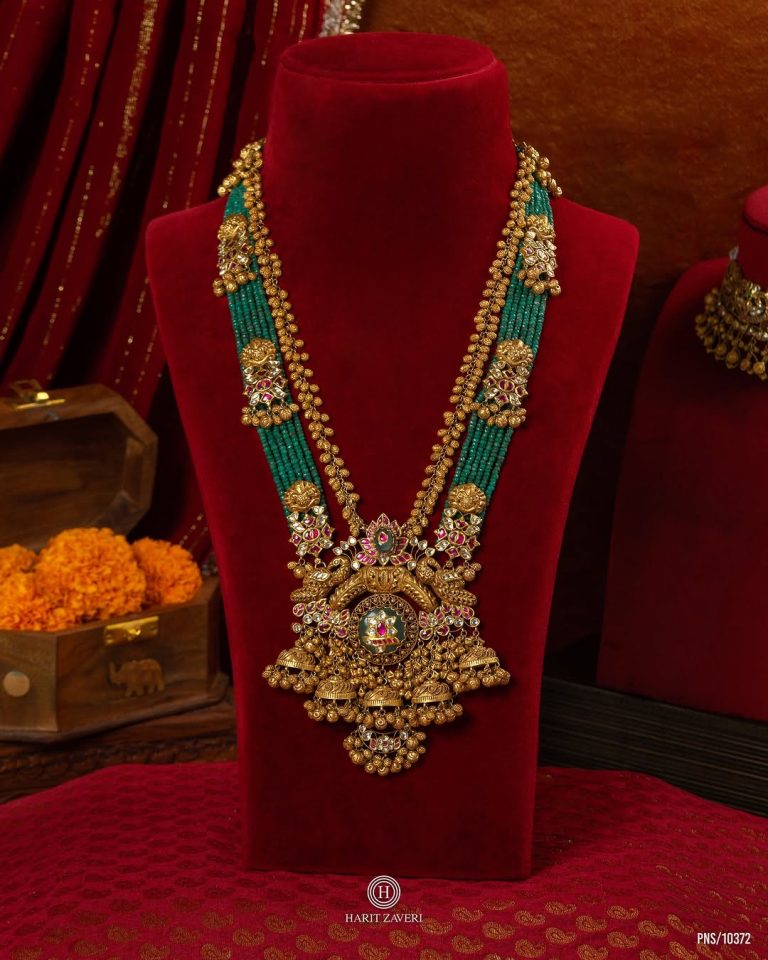 Traditional Jhumkas Drop Pendant Beaded Gold Haram From 'Haritzaveri Jewellers'