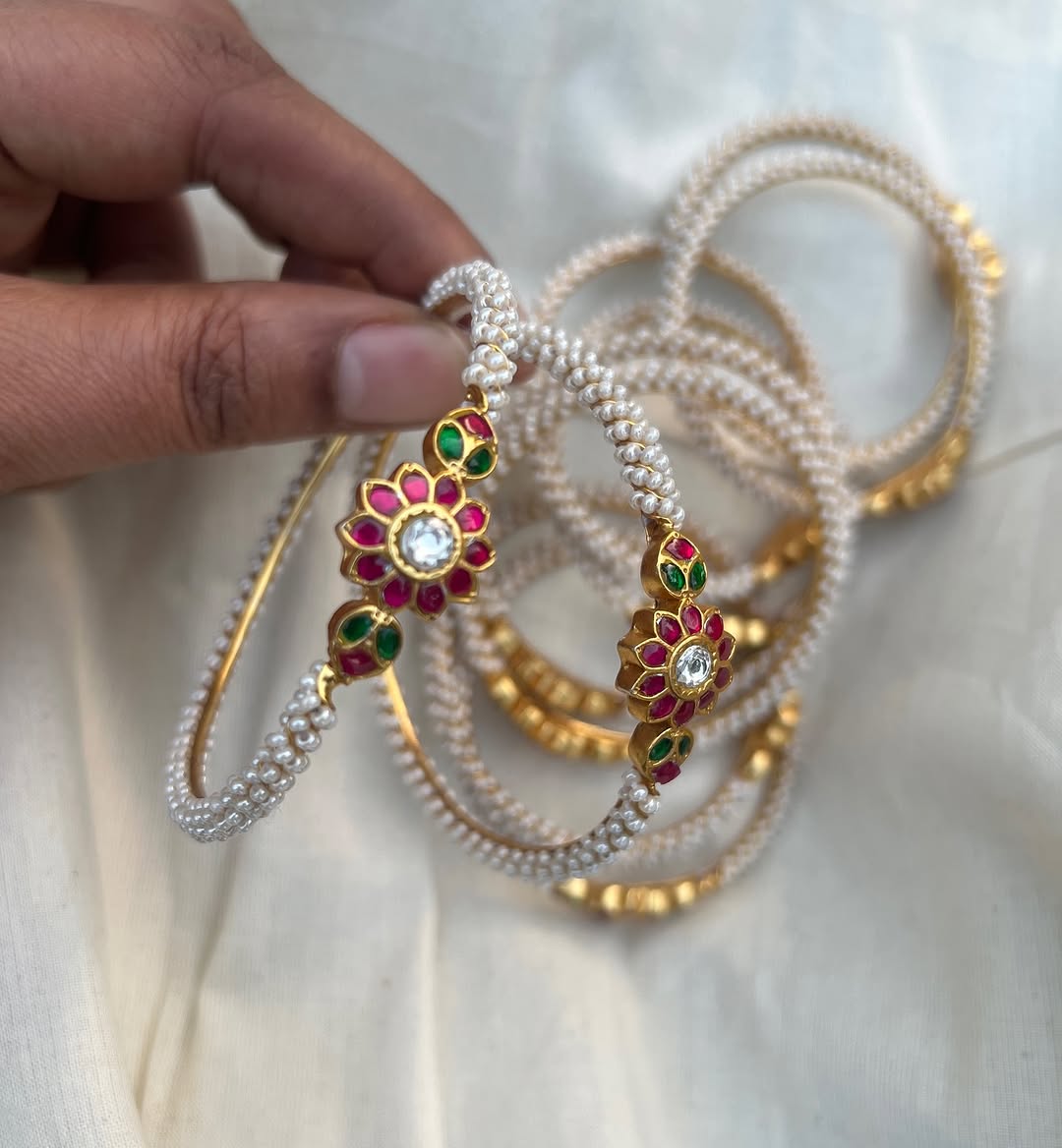 Pearl Studded Ruby &Green Stones Bangles From 'House of Taamara'