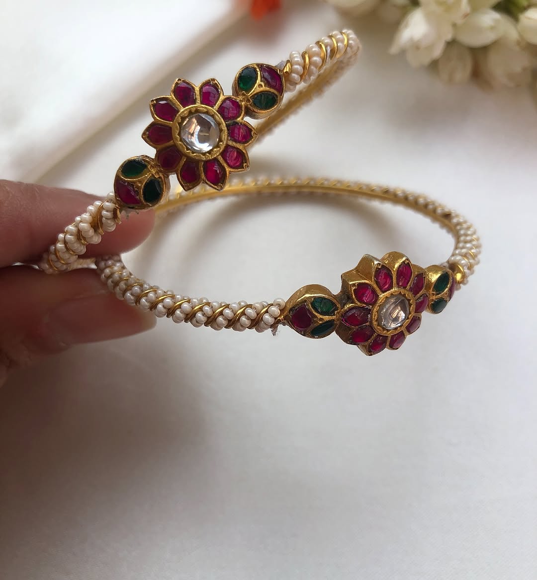 Pearl Studded Ruby &Green Stones Bangles From 'House of Taamara'