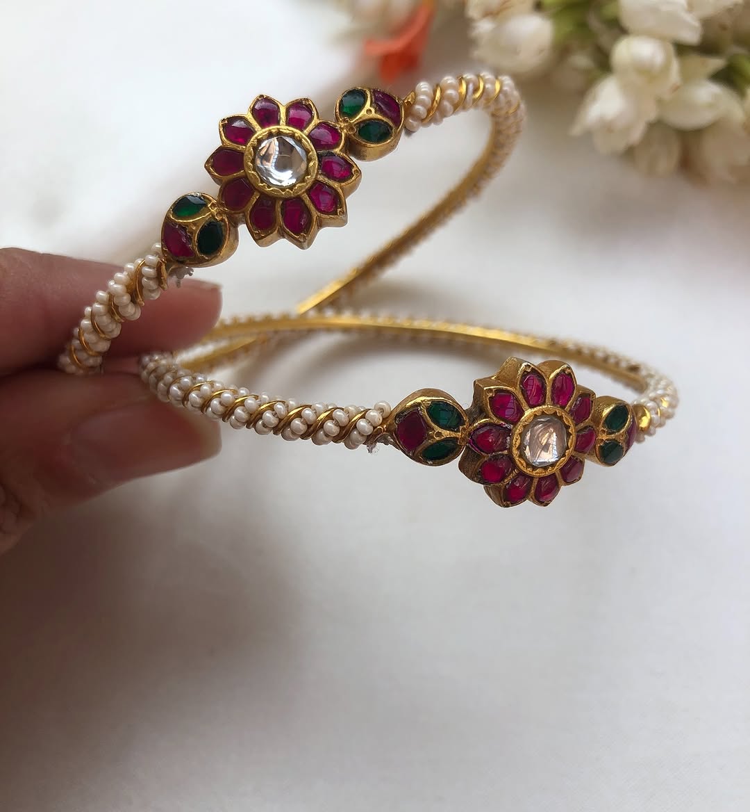 Pearl Studded Ruby &Green Stones Bangles From 'House of Taamara'