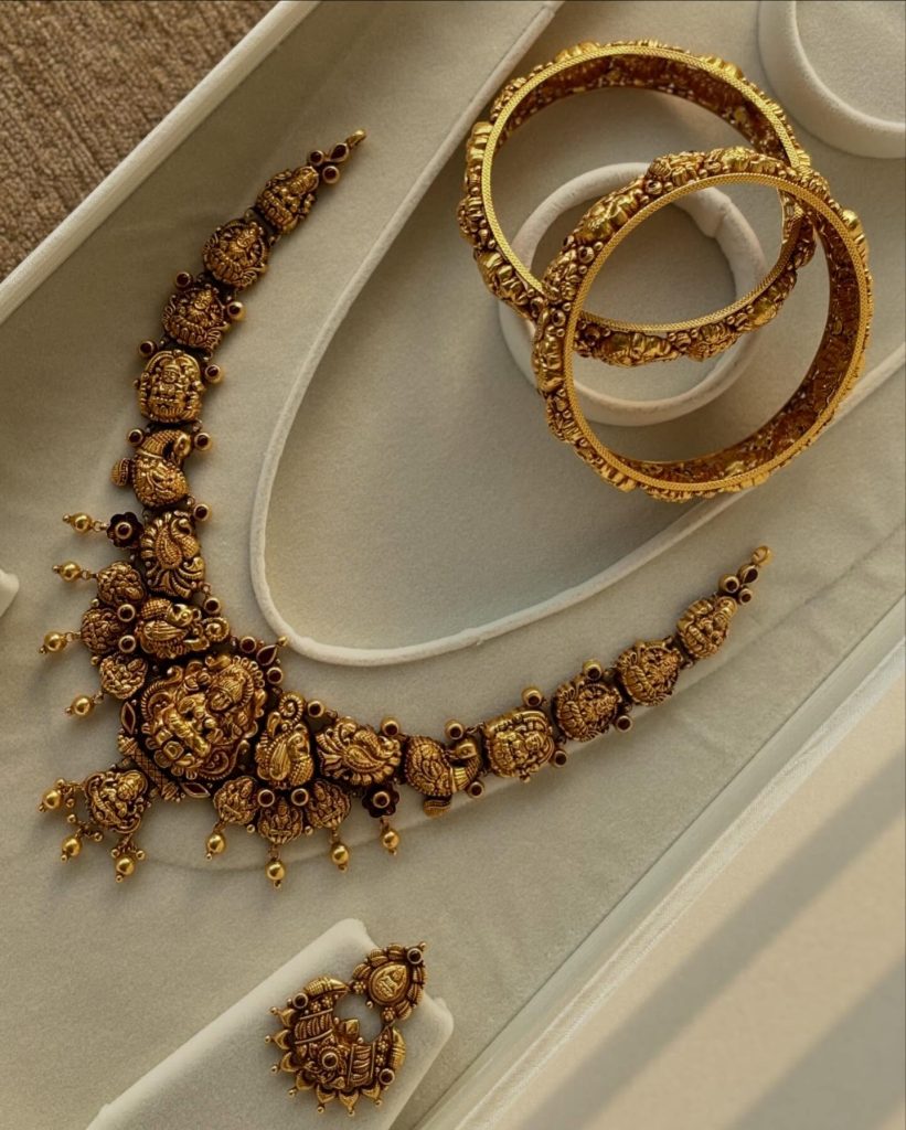 Gold Lakshmi and Peacock Necklace From 'Balkunje Jewellers'