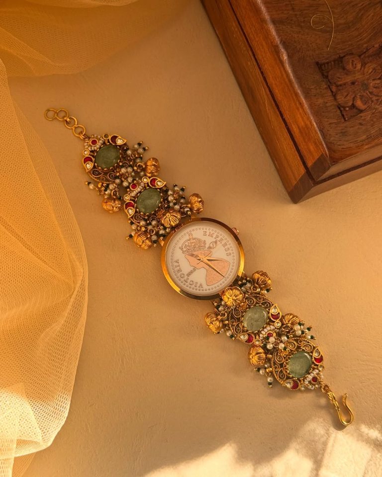 Gold Plated Colored Stones And Pearl Analog Watch From 'Mangalsutra Bangles'