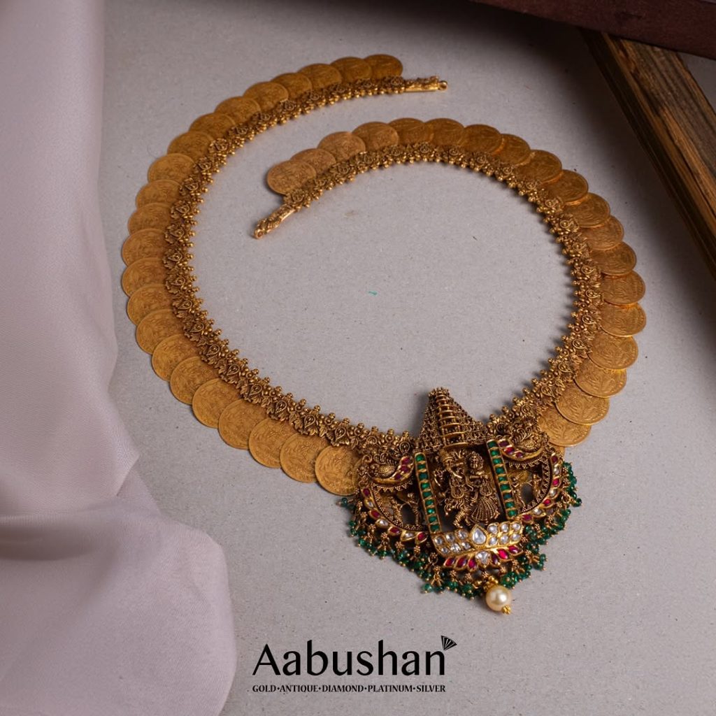 Coin Gold Necklace With Radha Krishna Pendant From 'Aabhushan Jewellery'