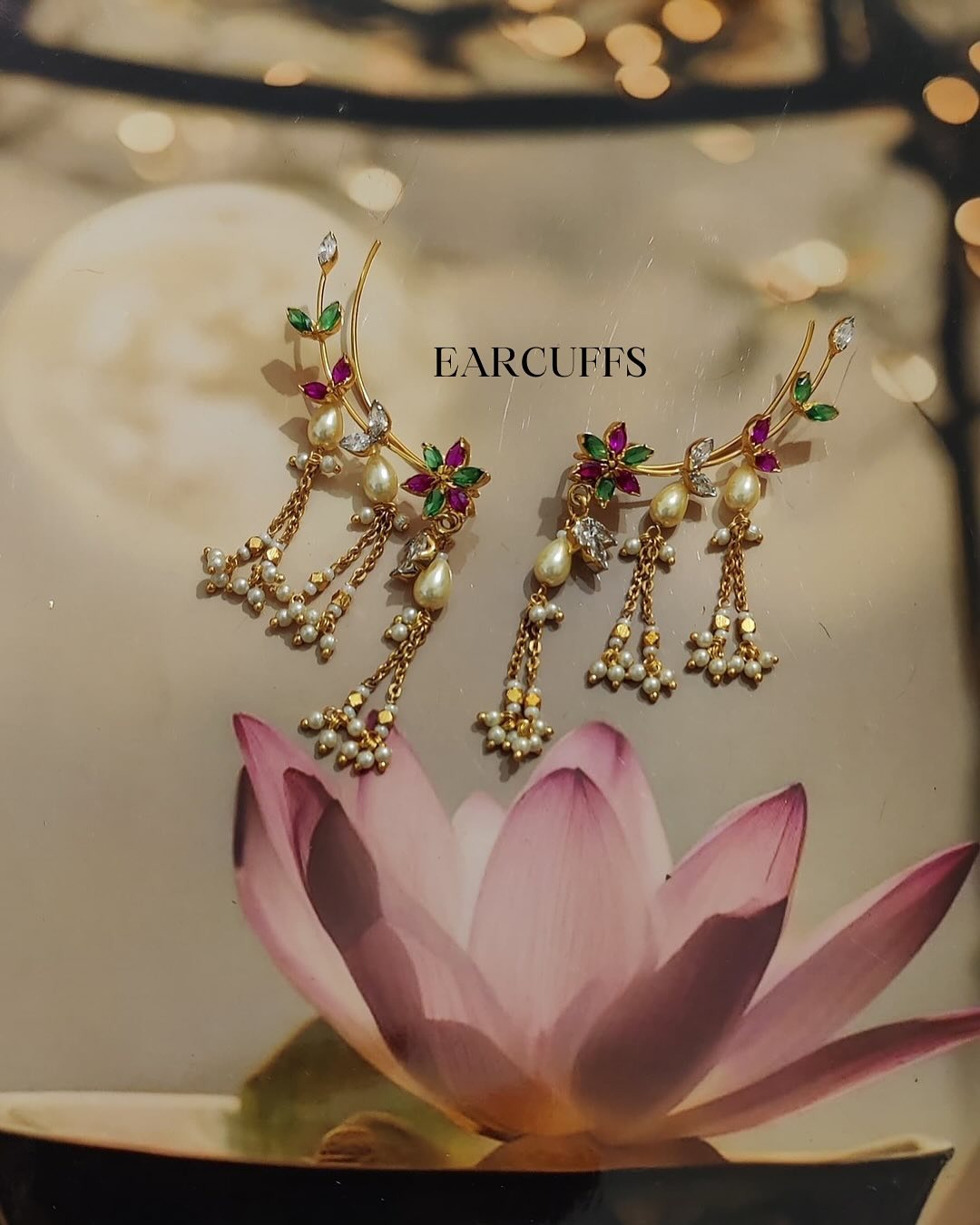 Pink and Green Stones Flower Ear Cuffs From 'ShivShahi'