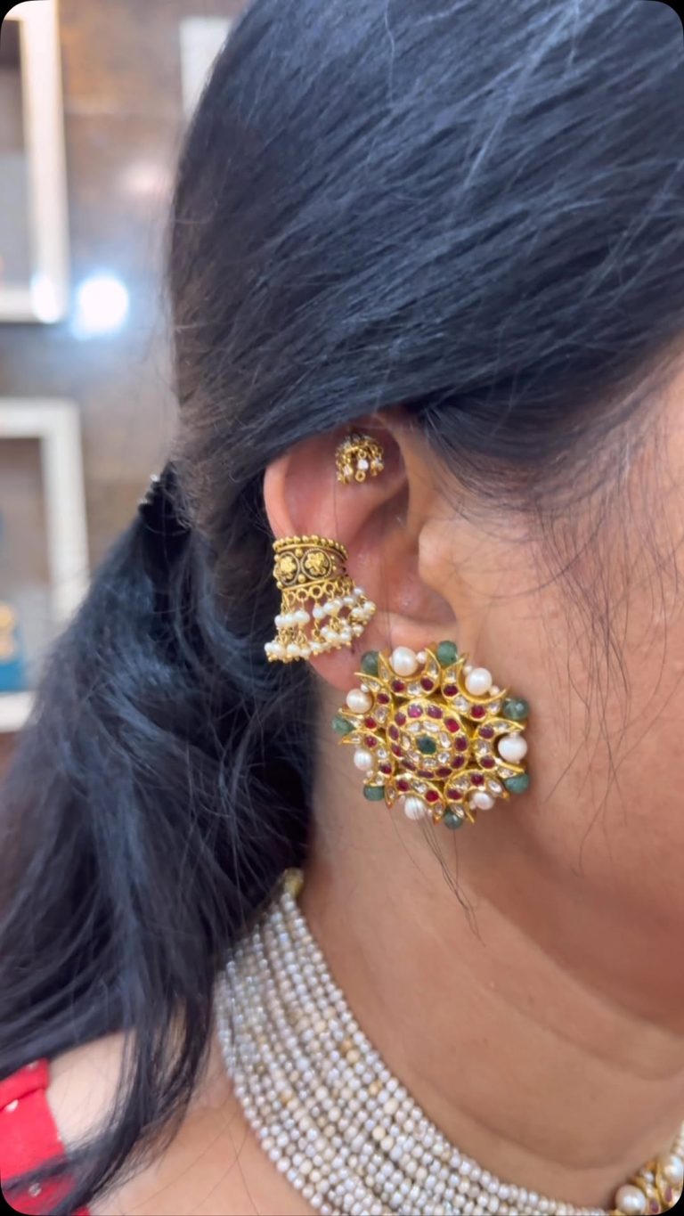 Gold Kundhan Studs with Earcuffs and Bugadi From 'Jyotsna Jewellers'