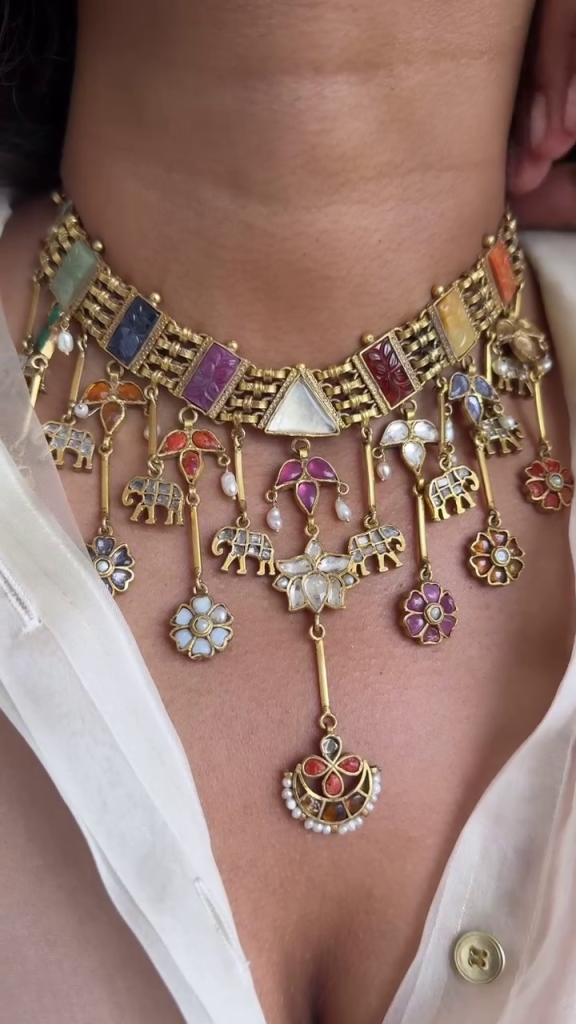 Gold Plated Elephant &Floral Multi Stones Necklace From 'Kitakaturi'