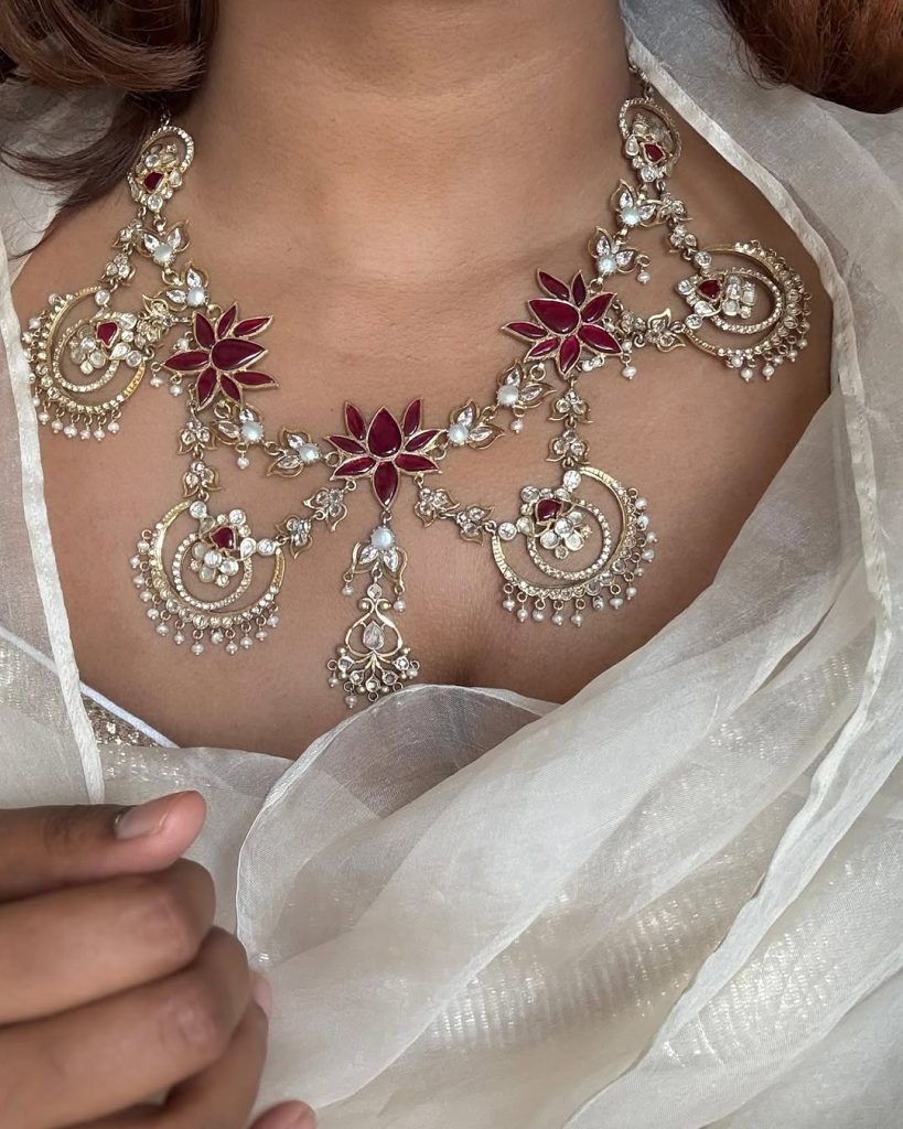 Gold Plated Lotus White Stones Necklace From 'Kitakaturi'
