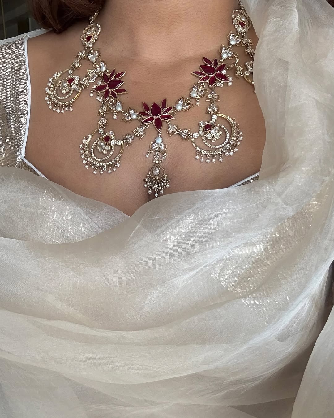 Gold Plated Lotus White Stones Necklace From 'Kitakaturi'