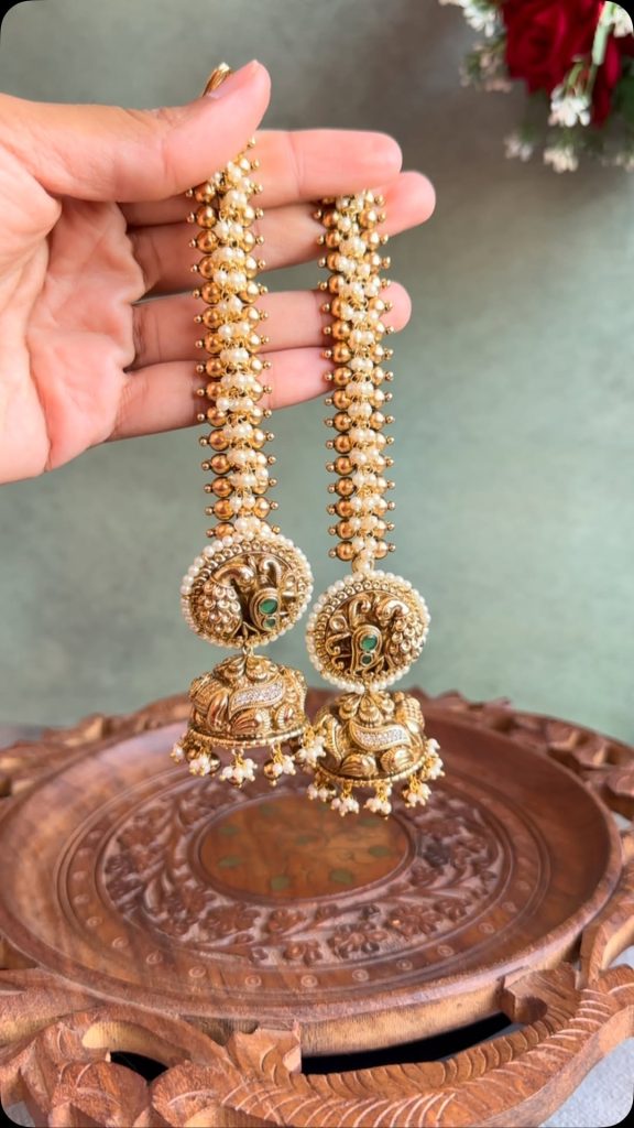 Peacock Jhumka with Pearl Earchains From 'Aishi Jewellery'