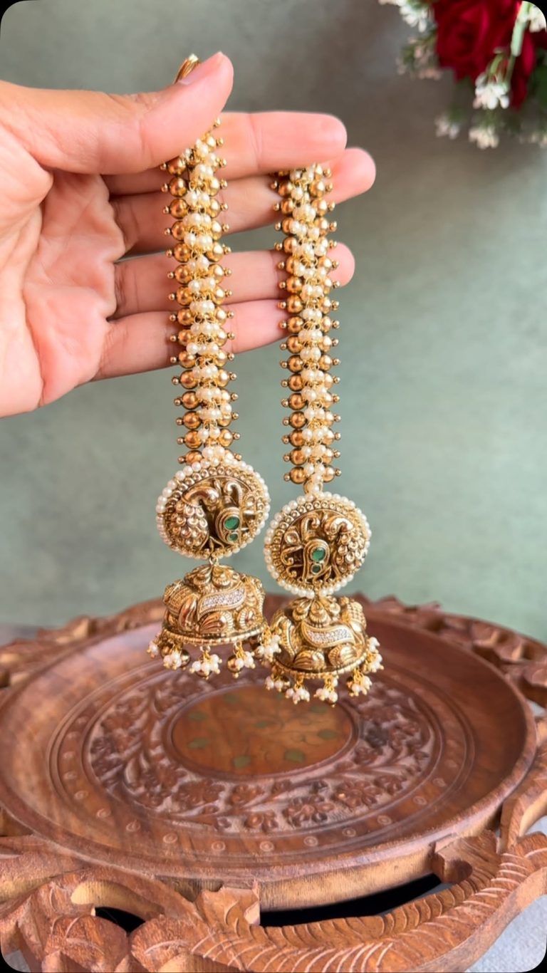 Peacock Jhumka with Pearl Earchains From 'Aishi Jewellery'