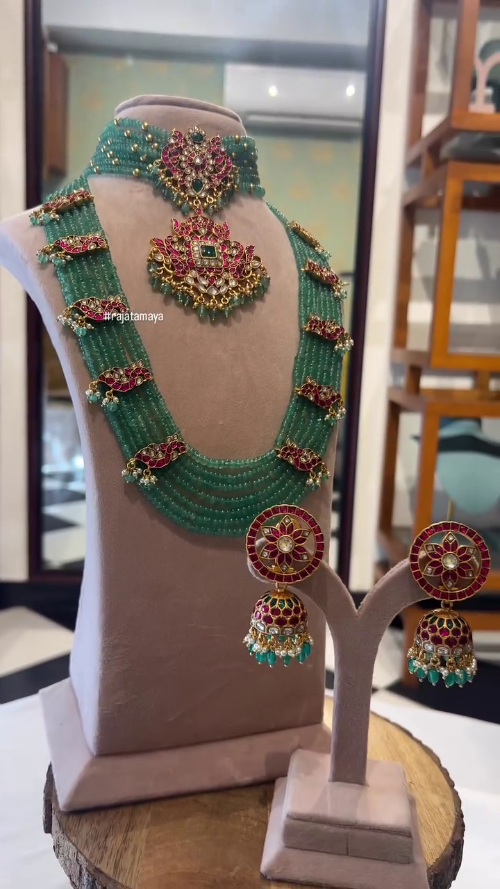 Traditional Layered Green Beads and Kundan Jewellery Sets From 'Rajatamaya'