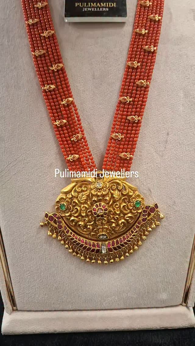 Gold Coral Beaded Long Necklace From 'Pullimamidi Jewellers'