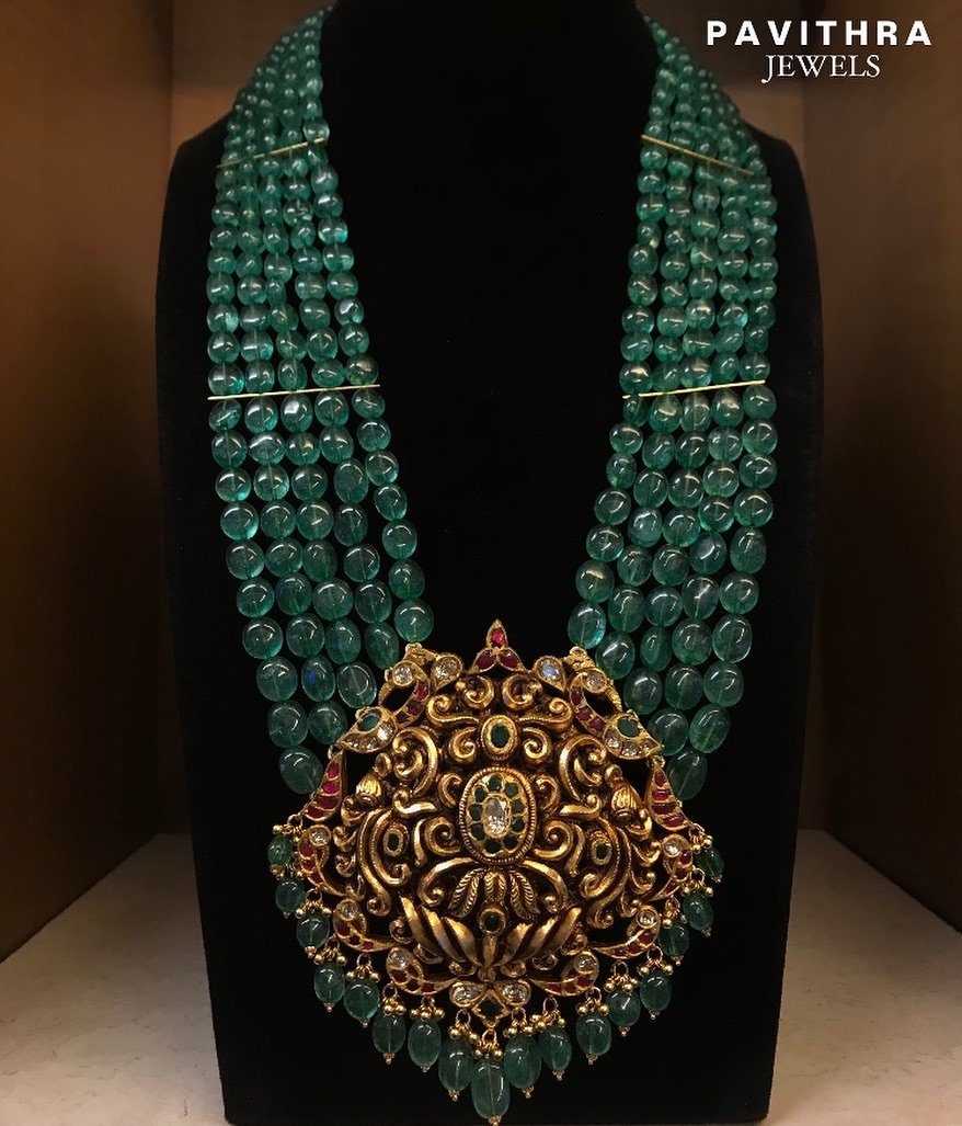 Gold Emerald and Pearls Long Necklace Collections From 'Pavithra Jewels'