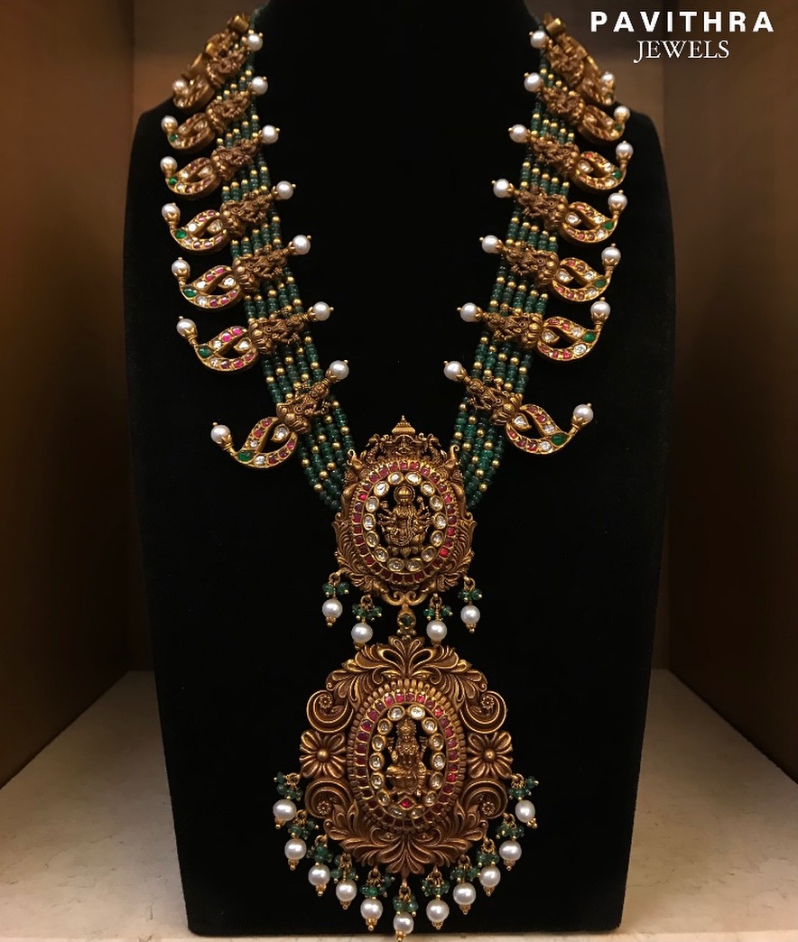 Gold Emerald and Pearls Long Necklace Collections From 'Pavithra Jewels'