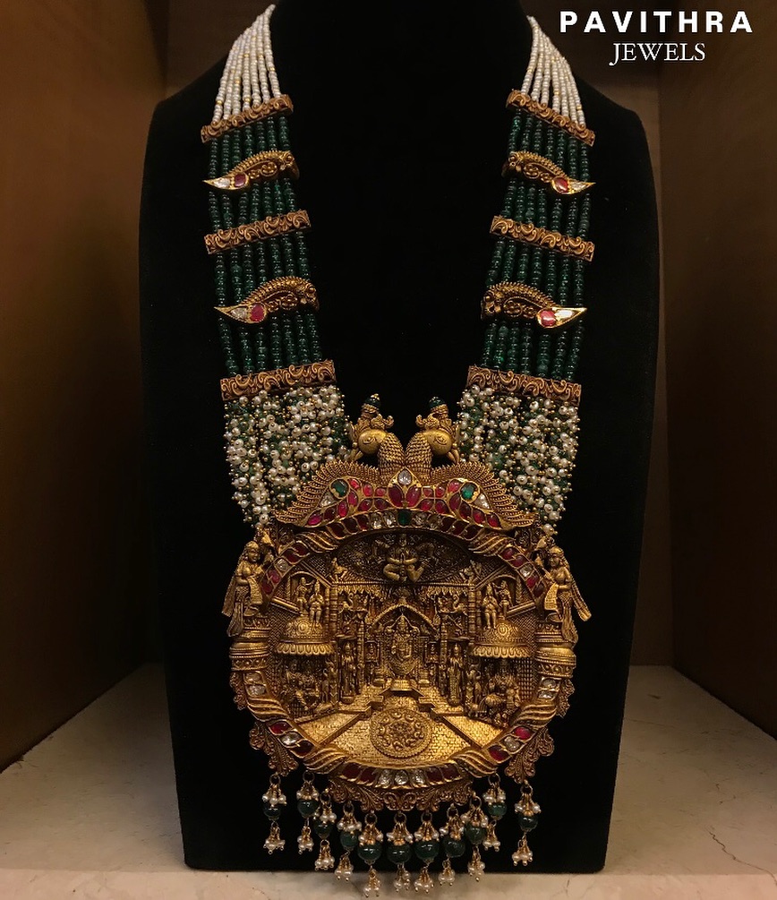 Gold Emerald and Pearls Long Necklace Collections From 'Pavithra Jewels'