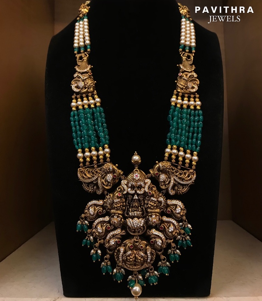 Gold Emerald and Pearls Long Necklace Collections From 'Pavithra Jewels'
