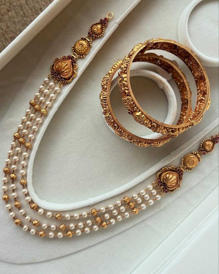 Pearl Gold Long Necklace With Bangles From 'Balkunje Jewellers'