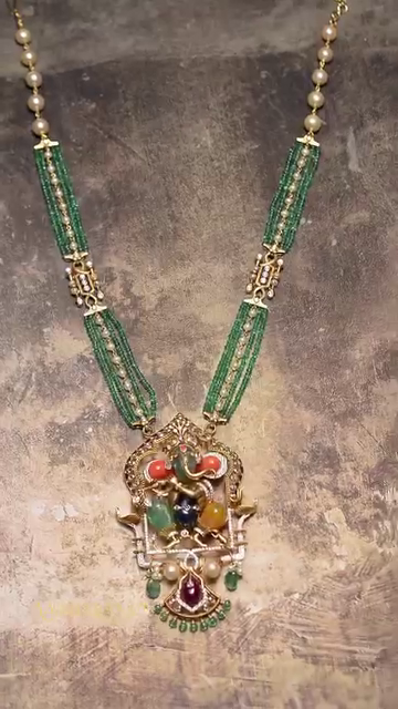Vinayagar Pendant Green Beaded Gold Haram From 'Abharanam Jewellers'