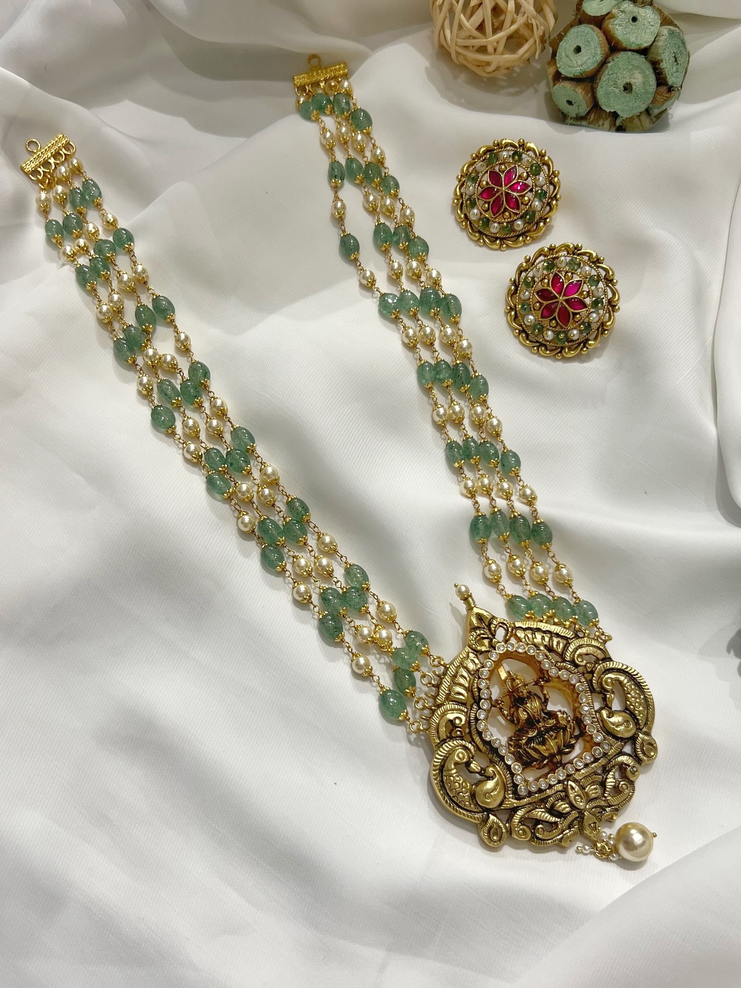 Gold Plated Silver Green Beaded Haram Collection From 'Rajatamaya'