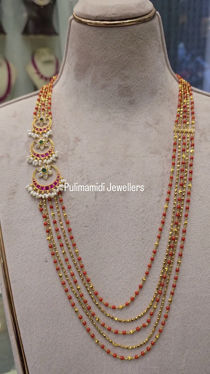 Gold Coral Beaded Long Haram From 'Pulimamidi Jewellers'